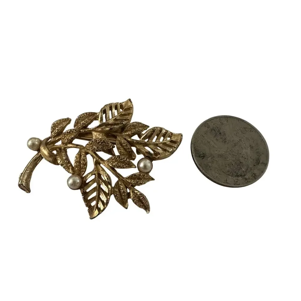 Vintage 60s Gold Tone Leaf Brooch with Faux Pearls Classic Mid Century Pin